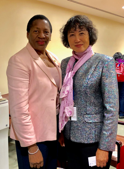 Ruomei Li with Pennelope Beckles, New Chair of UN Women. Permanent Mission of Republic of Trinidad and Tobago to UN